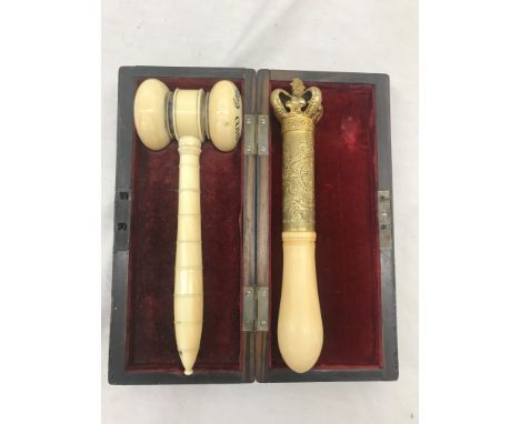 A cased 19th century ivory gavel Corn exchange committee 1853 together with a Georgian ivory handled tipstaff engraved Corn e