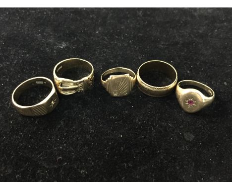 Five 9ct gold rings to inc. ruby example
