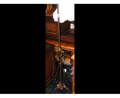 A brass telescopic standard lamp and shade 