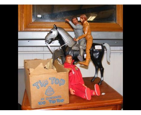 A Marx figure of a horse, together with various Action Man style figures etc.