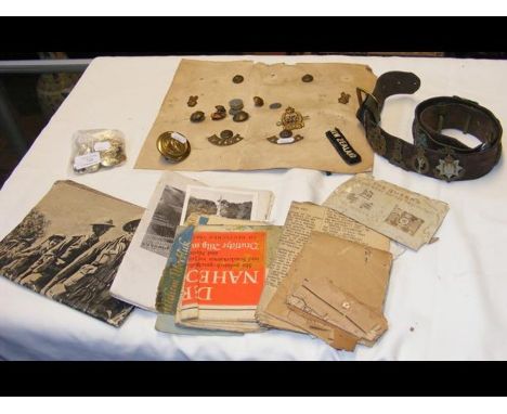 A military leather belt applied with various Army badges, together with other items of military interest CONDITION REPORTCond