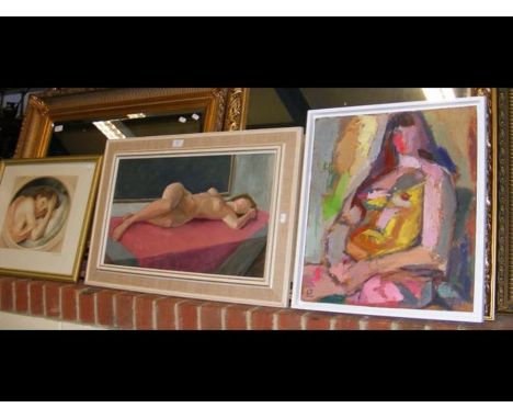 An oil painting of a nude, together with another oil painting and framed print 