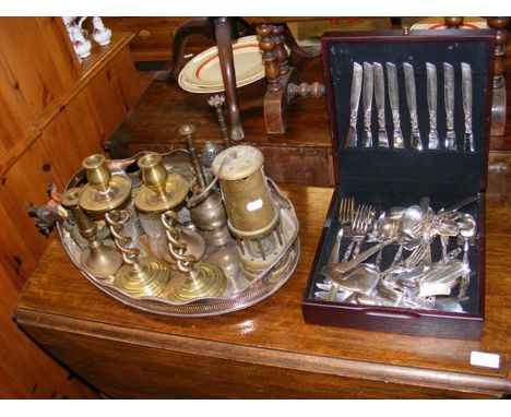 A Miner's lamp, cast iron huntsman and hounds, small canteen of cutlery, etc. 