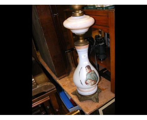 An opaque glass oil lamp depicting Napoleon 