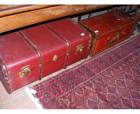 An Oriental style red lacquered box together with a travelling trunk