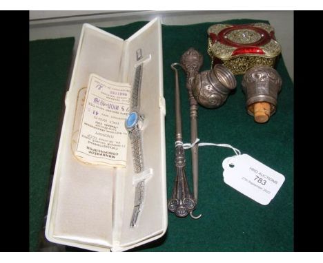 A Russian wristwatch, pierced metal trinket pot etc.
