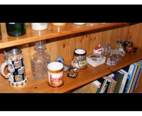 A cut glass decanter and stopper, beer stein, model houses, etc.  