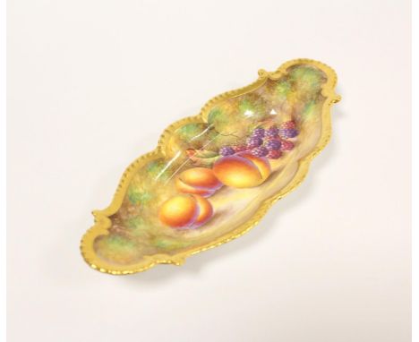 Royal Worcester mid twentieth century fruit painted lozenge shaped dish, by M. Johnson, with gilt gadrooned scrolling borders