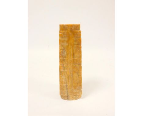 Chinese soapstone Cong of rectangular form with incised decoration in the Neolithic style. Height 22cm.