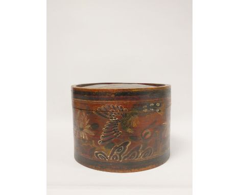 Vintage oriental wooden hat box, the front with painted phoenix decoration. Height 24cm, Diameter 34cm.