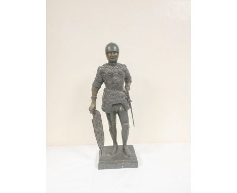 Early 20th century bronze figure depicting a romanticised King Arthur, in the manner of Heinrich Fuss, with shield adorned wi