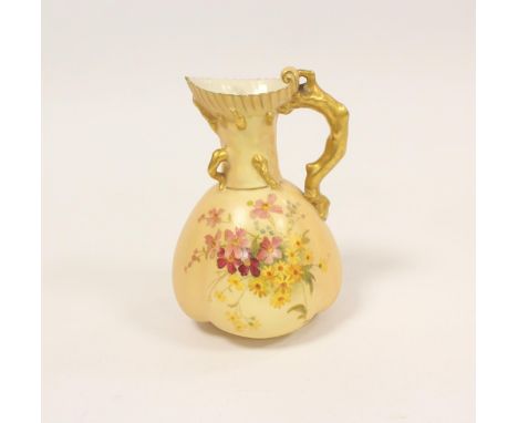 Royal Worcester blush ivory jug with gilt twig form handle, decorated with hand painted flowers, pattern no. 1507, Rd No 1671