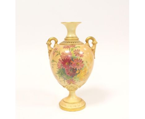 Royal Worcester blush ivory twin handled pedestal vase decorated with hand painted carnations, pattern no.2160, Rd No 374254,
