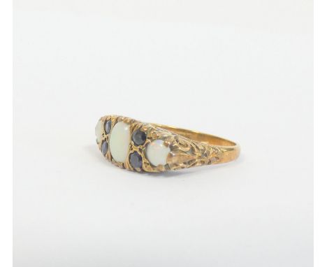 9ct gold opal and sapphire trilogy ring, London 1979, Size 'O', 5.1g