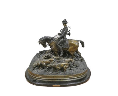 After P.J. Mene (French, 1810-1879) 'Valet De Chasse', a very large patinated cast bronze equestrian figure group, 20th centu