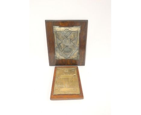 White metal armorial college plaque bearing saltire above latin motto ''Timor Domini Initium Sapientiae'' by Fisher and Ludlo