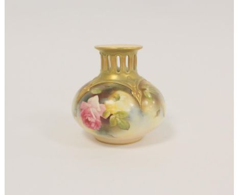 Royal Worcester globular vase, with pierced neck painted with roses, in relief with tendrils, printed green crown and circle 
