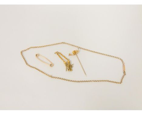 Gold scarf pin, modelled as a fox and horn '15ct' and various other gold items. 11g gross.