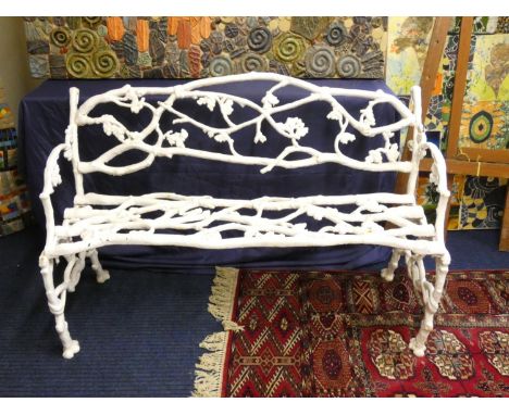 Victorian 19th century cast iron Coalbrookdale style garden bench with white painted back, seat and sides cast in a tree bran