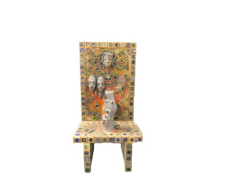 Paul B Hardcastle. Abstract ceramic mosaic bench or altar constructed from ceramic tiles with enamel cups, the back panel hav