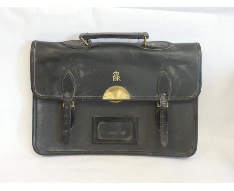 Elizabeth II black leather civil service briefcase by Barrow Hepburn Ltd with Mitchell Davey security dead lock, the case wit