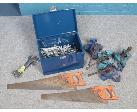 A selection of assorted tools. To include a tool box with a large quantity of various sized spanners, four vices and two Spea