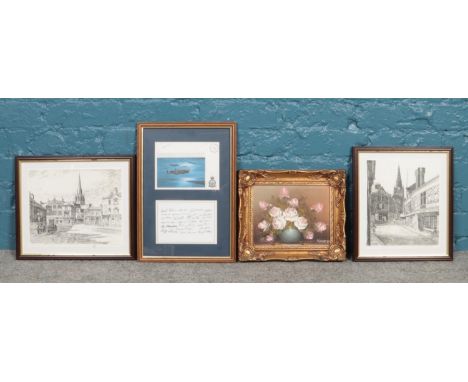 A quantity of framed pictures. Oil on canvas, prints and a 'Dambusters' first day cover with two pencil signatures. Oil on ca