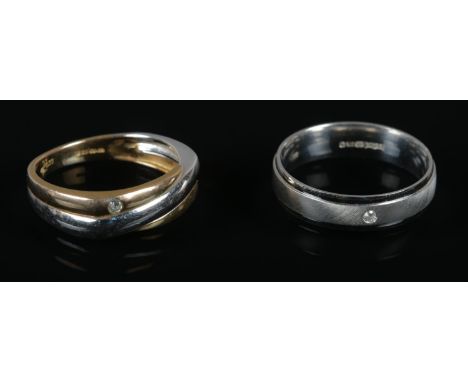 Two 9ct Gold and White Gold rings, each set with small single diamond. Both rings size R, total weight: 7.05g  