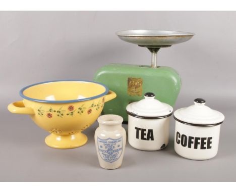 A quantity of miscellaneous. Vintage Kitway scales, enamel storage jars- tea &amp; coffee, Carricks Cumberland Dairy Co ltd C
