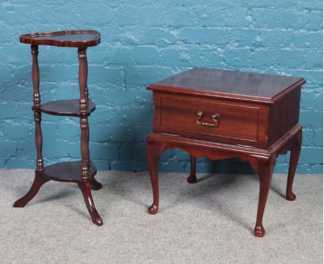 A quantity of occasional furniture. Mahogany side table with drawer (52cm heigh 47cm width) &amp; mahogany three tier 'what n