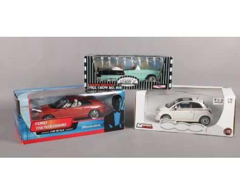 A quantity of die cast vehicles. 1.18 scale model cars, Gearbox Chevrolet Bel Aire, Mondo Motors Fiat 500 &amp; James Bond 00