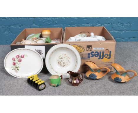 Two boxes of miscellaneous. Royal Doulton 'Mandalay' bowl, J &amp; G Meakin plate, Marmite advertising toaster rack etc  