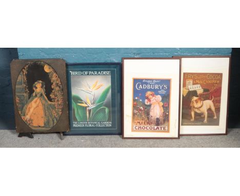 Three large prints, together with board fire screen.  