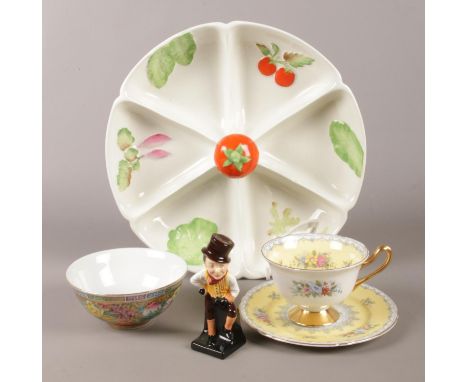 A small quantity of named ceramics. To include Shelly Crochet teacup and saucer, Royal Doulton Sam Weller ceramic figure and 