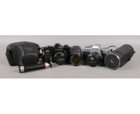 A selection of cameras and lenses. To include a Minolta SRT101, fitted with a Makinon 24mm lens, Chinon CE Memotron fitted wi