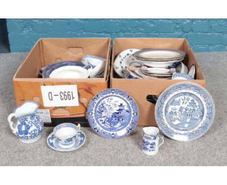 Two boxes of assorted blue &amp; white ceramic's. Burleigh ware 'Willow' plate, Wedgwood 'Lynn' plate, Myott &amp; Son 'Willo