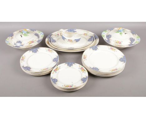 A large quantity of Royal Staffordshire ceramics, by A. J. Wilkinson, with blue and floral pattern. Includes meat serving tra