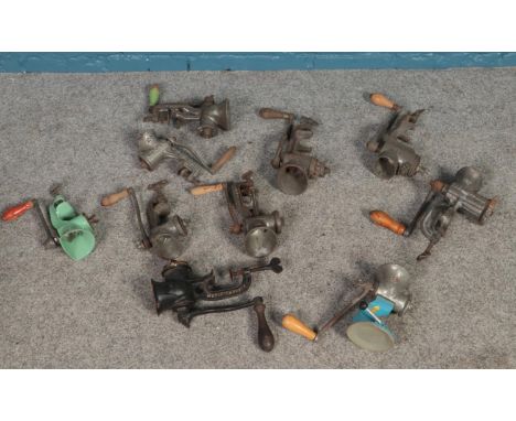 A quantity of vintage meat grinders. Magic Chopper etc  