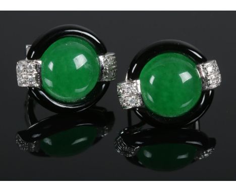 A pair of 9ct white gold jade, onyx and diamond art deco earrings.  