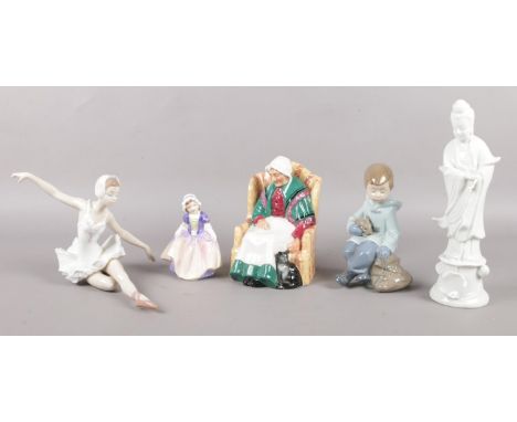 Five ceramic figures. To include two Royal Doulton figures (Forty Winks no 1945 &amp; Dinky Do HN 1678), along with two Nao f