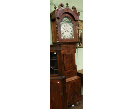 A mahogany eight day longcase clock, arched dial signed Johnson, Knaresboro, with two weights and pendulum bob 