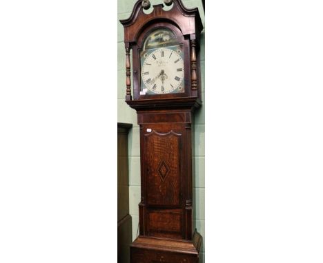 An oak and mahogany thirty hour longcase clock, with painted arch dial signed Wilson, Burton