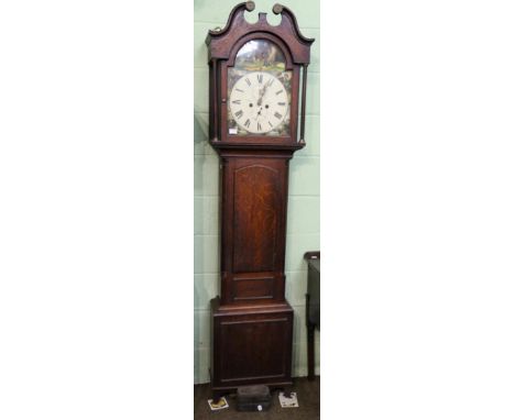 An oak eight day longcase clock, painted arched dial with later signature George Hood, Glasshiels