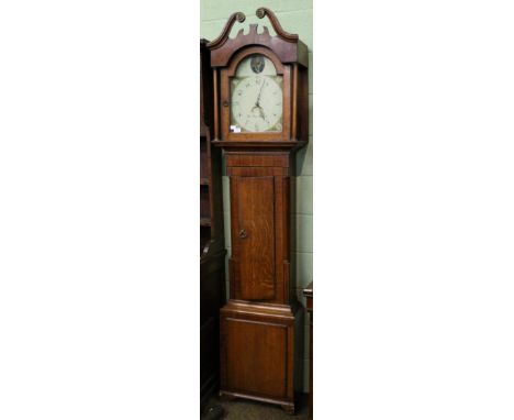 An oak and mahogany thirty hour 19th longcase clock, the painted arch dial signed Thos Place, Bedale 