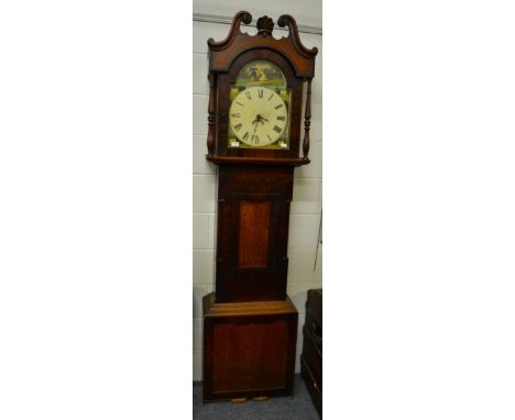 An oak and mahogany thirty hour longcase clock, painted arched dial marked Barnard Castle (no pendulum, no weights) 