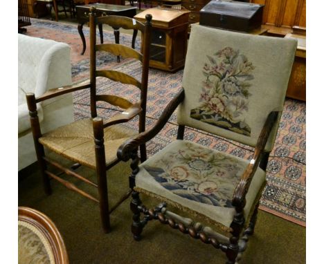 An acanthus leaf carved oak framed chair with needlework back and seat, together with a rush seated ladder back open armchair