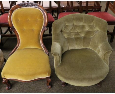 A Victorian mahogany framed button back nursing chair together with a button back chair of similar date (2) 