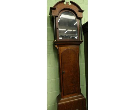 An oak longcase clock case and a painted arched dial signed Barnard Castle (movement missing) 