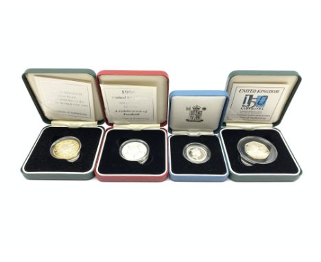 Four United Kingdom silver proof coins, 1996 one pound, 1996 'A Celebration of Football' two pounds, 1999 'Rugby World Cup' t