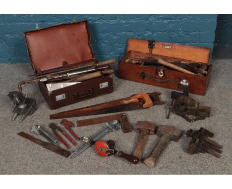 A collection of assorted hand tools. Stanley hand drill No. 803, Woden 186B vice, saws, spanners etc  